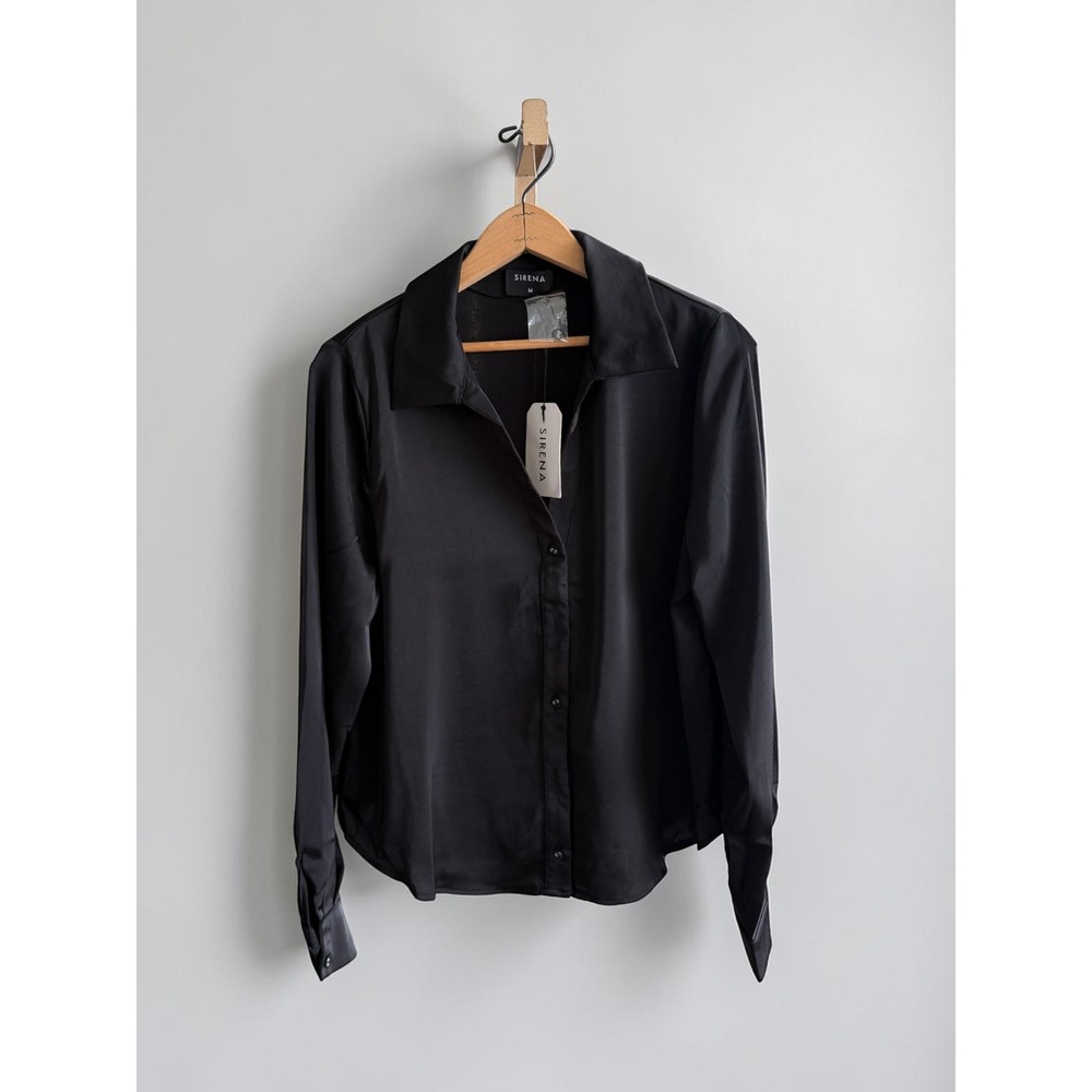 Sirena Womens Black Satin Button Down Shirt Long Sleeve Blouse Size M New